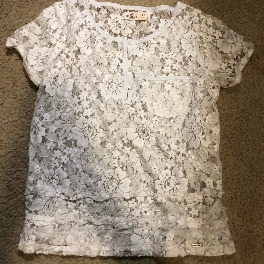 Hollister White/See through lacy floral T shirt